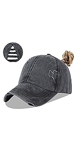 Womens Water Washing adjustable  High Bun Ponytail Baseball Cap Vintage Dad Hat