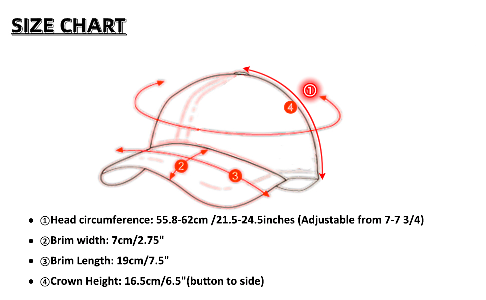 size chart-women men baseball cap