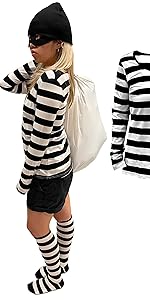 Womens Black White Stripe Thief Costume Shirt, Beanie, Knee High Socks Set