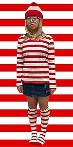 Red white striped shirt, red pompom beanie hat, red white stripe knee high socks