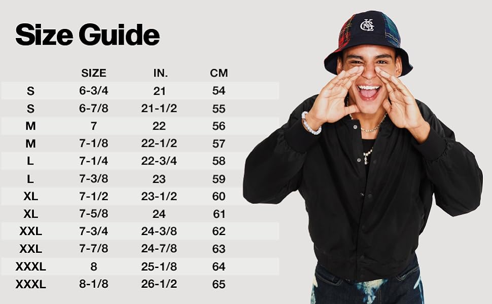 A size chart and a man wearing a plaid bucket hat.