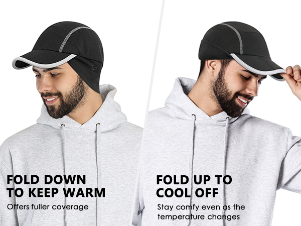 Flip down the earflap of fleece ball cap to keep you warm. Fold up the ear cover to cool off. 