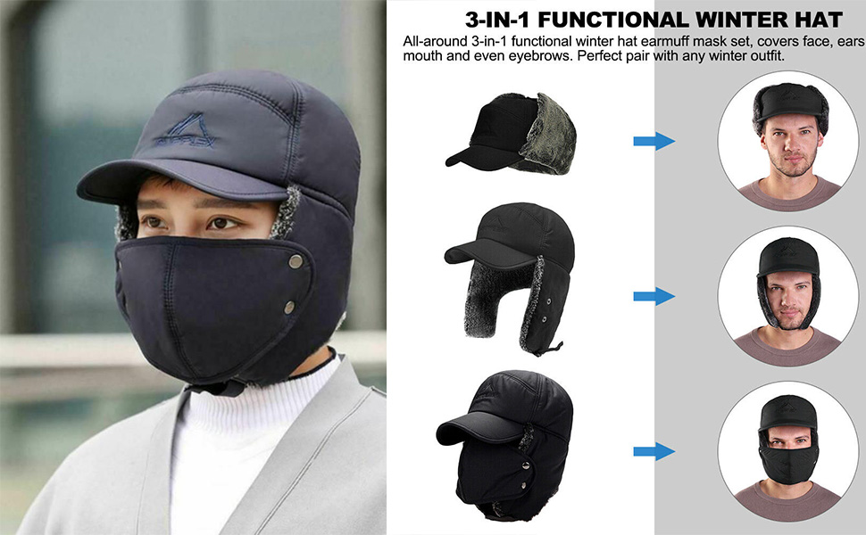 Winter 3 in 1 Thermal Fur Lined Trapper Bomber Hat with Ear Flap Face Mask Cap