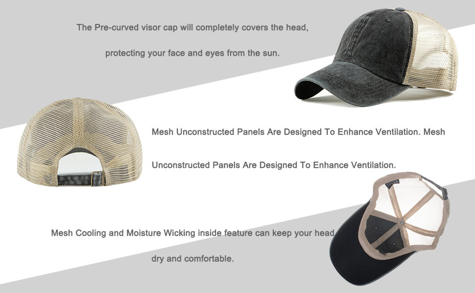 Mesh Baseball Cap Vintage Ponytail Washed Cotton Hat Adjustable Breathable Trucker Cap Golf Sun Hat