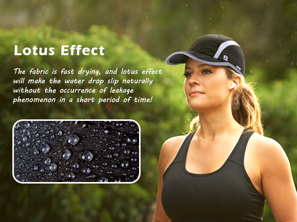 Lotus effect. The fabric is fast drying, and lotus effect will make the water drop slip