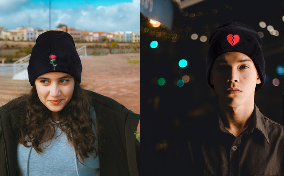 rose beanie and broken heart beanie 