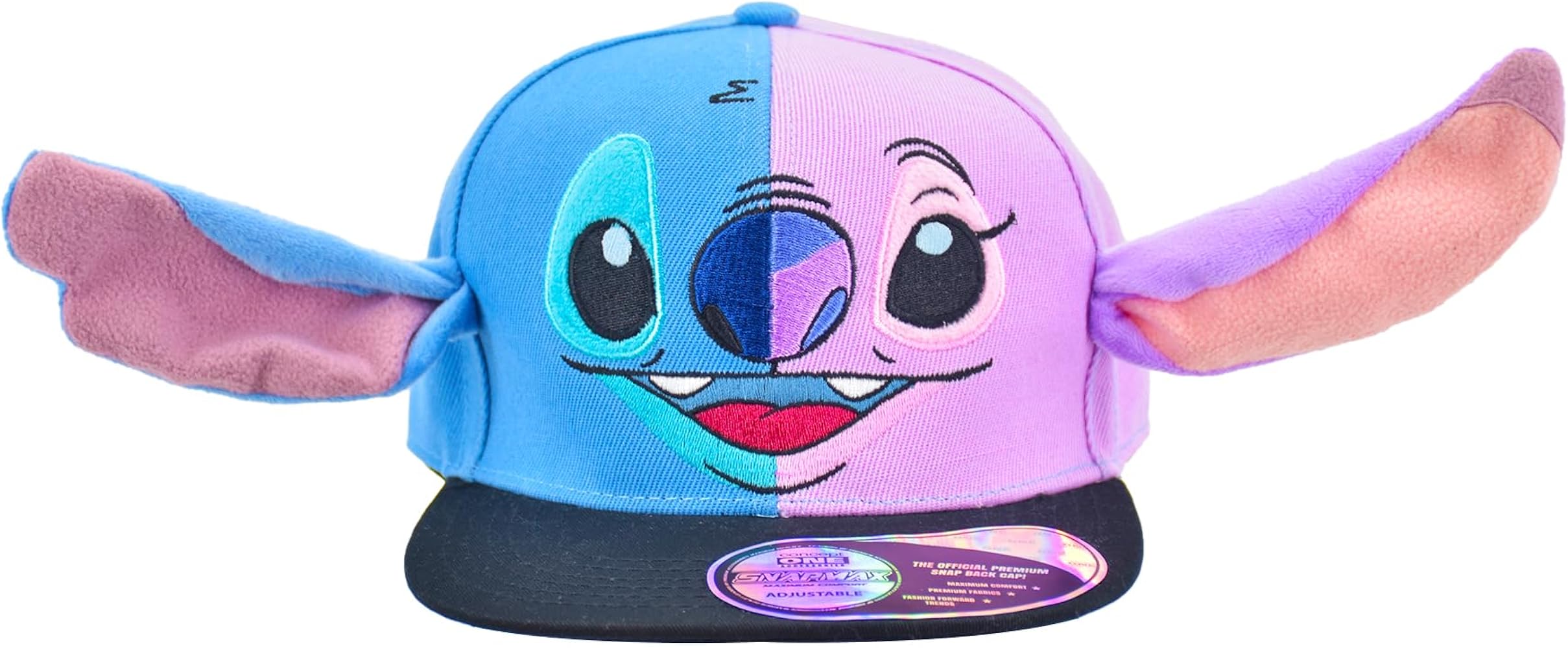 Disney Stitch Baseball Cap, Angel Face Adjustable Flat Brim Snapback Hat with 3D Ears, Multi, One Size