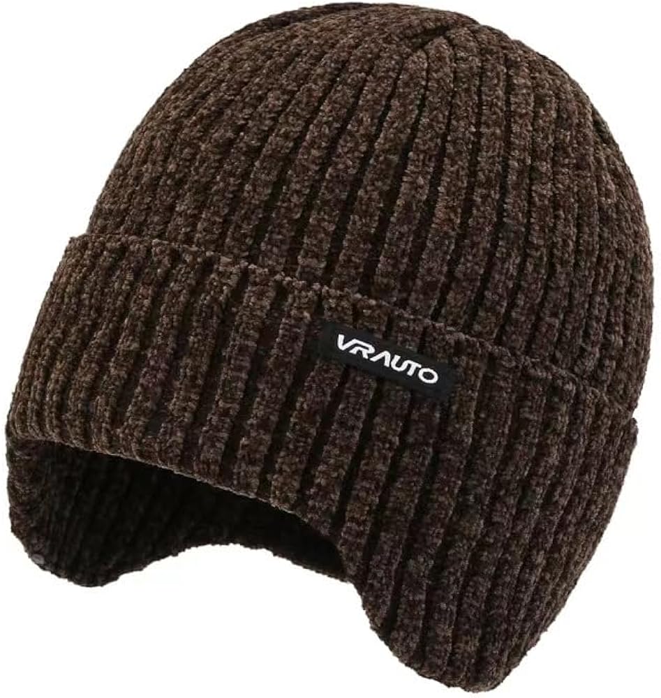 Unisex Beanie for Men and Women Knit Hat Winter Beanies with Ear Protection-Brown Chenille hat