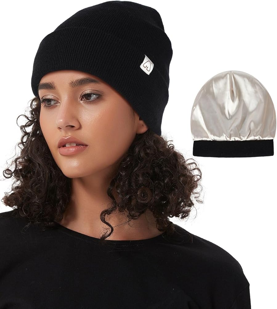 Hat Hut Satin Lined Beanie for Women Men Winter Hats for Women Silk Lining Slouchy Beanie Ski Hat Warm Unisex Cuffed Beanie