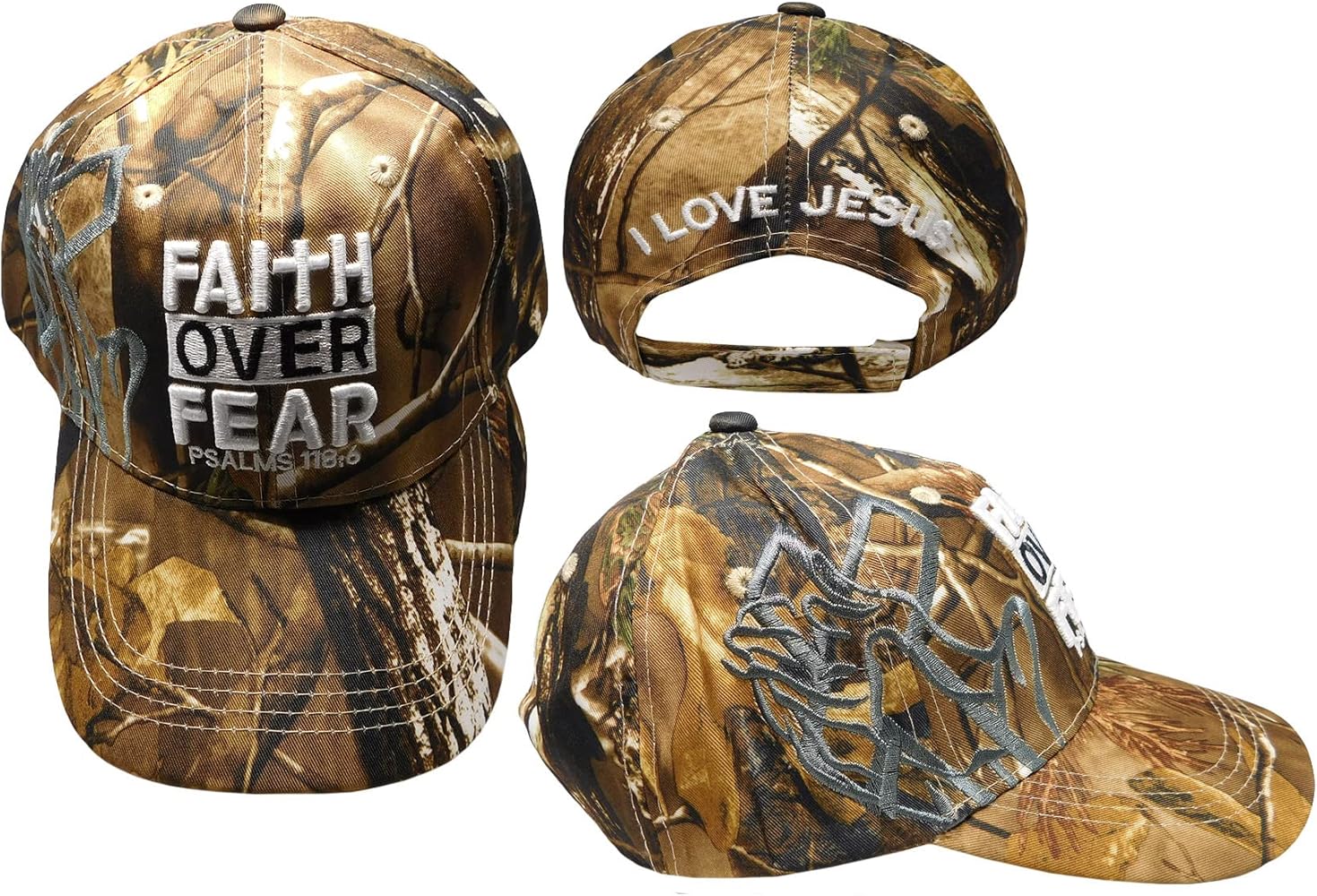 Faith Over Fear Psalms 118:6 I Love Jesus with Grey Gray Shadow Real Tree Camouflage Camo Acrylic Adjustable Embroidered Baseball Hat Cap