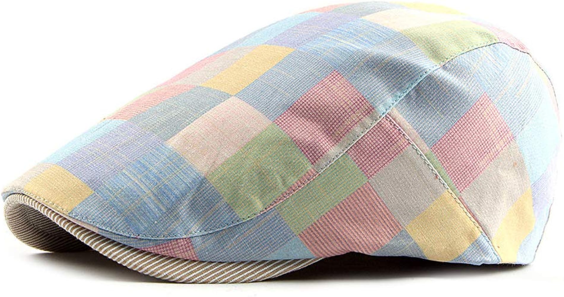 Gudessly Mens Adjustable Colorful Striped Plaid Ivy Newsboy Cabbie Gatsby Golf Cap Flat Cotton Hat Thin Cap