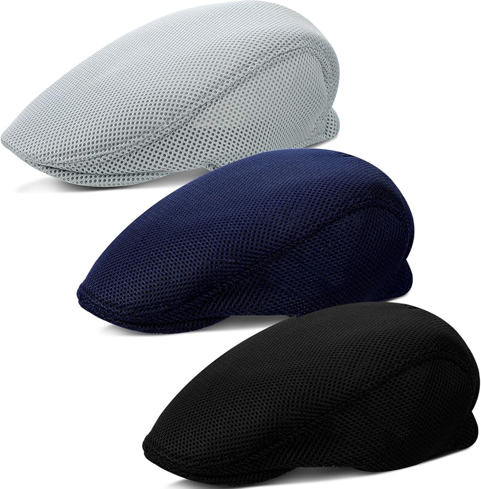 Mens Mesh Flat Cap Breathable Summer Newsboy Hat Cabbie Flat Cap