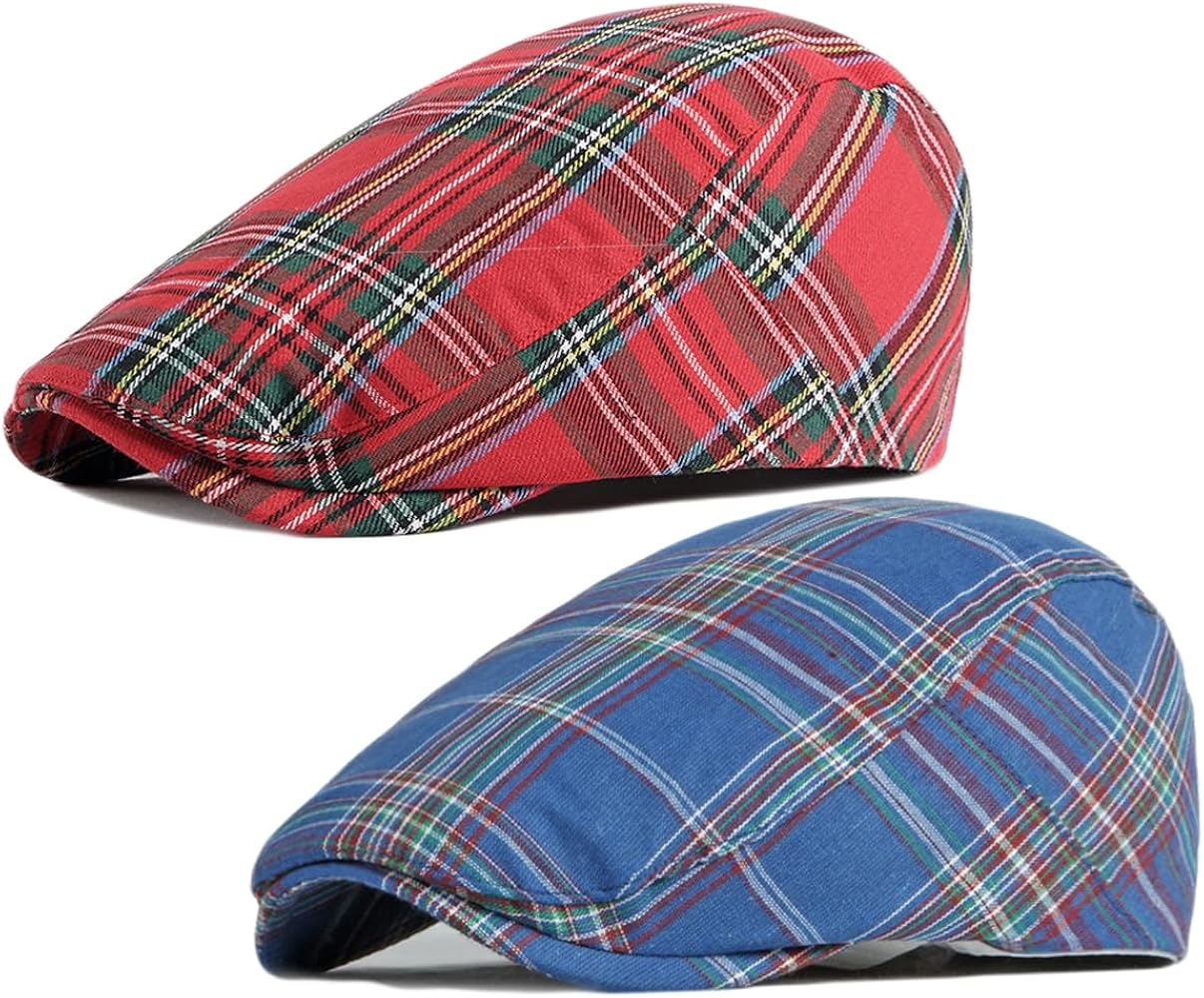 2 Pack Men's Newsboy Hat Flat Cap Adjustable Plaid Ivy Gatsby Cabbie Driving Golf Hat Beret