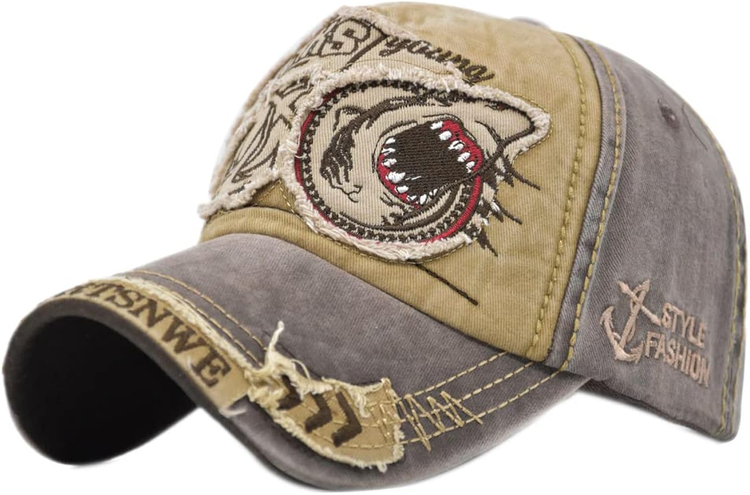 Vintage Baseball Cap Denim Embroidered Shark 100% Cotton Trucker Hat Retro Frayed Edge Sunhat Outdoor Cap Unisex