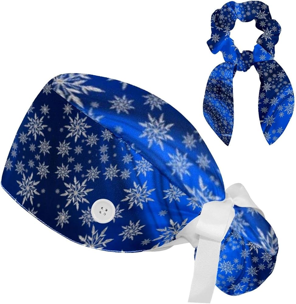 Christmas Blue Snowflakes Breathable Working Cap with Button, Bow Hair Scrunchy, One Size Fits All