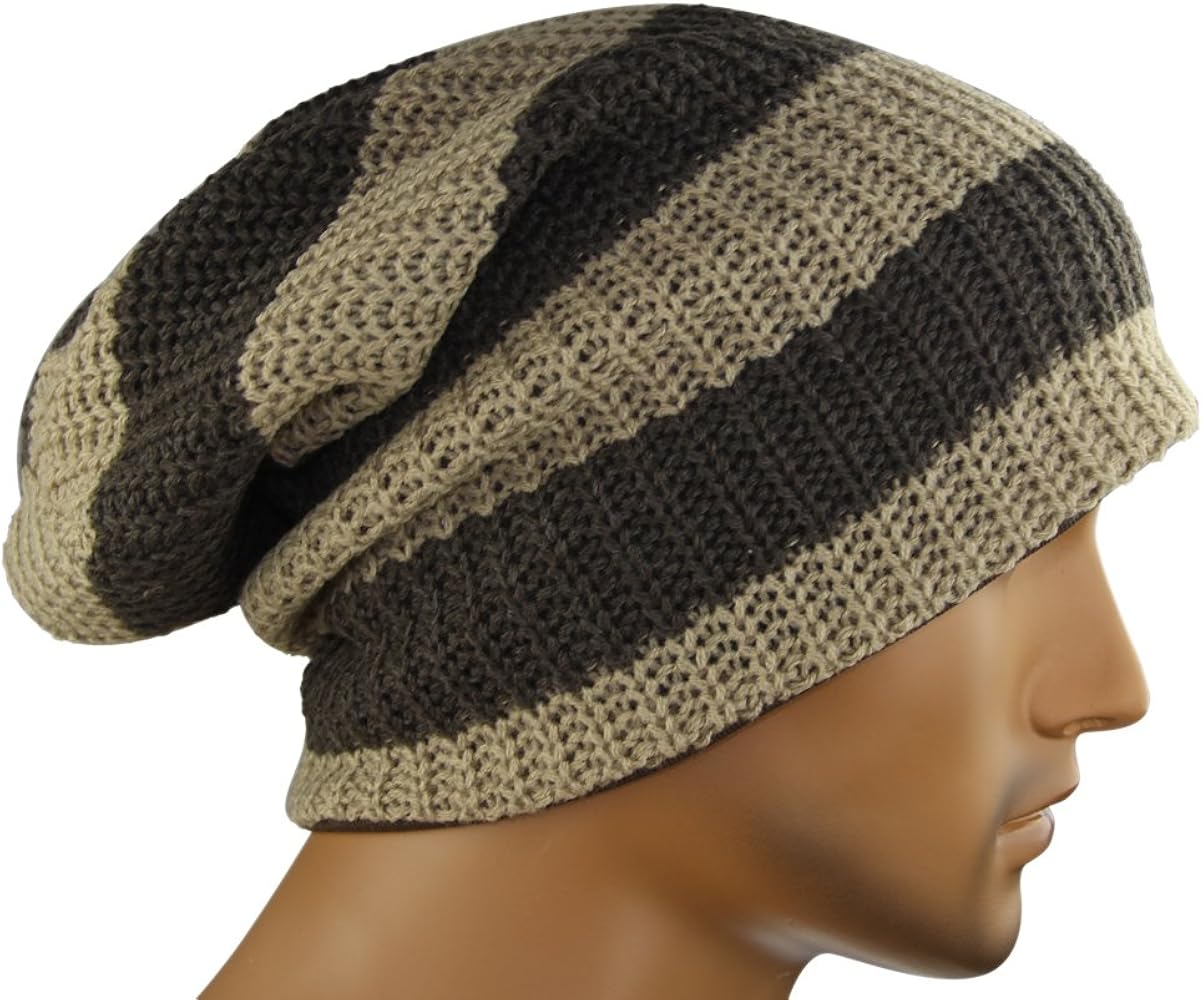 Mens Striped Slouch Large Beanie Warm Skull Cap Hat Oversize