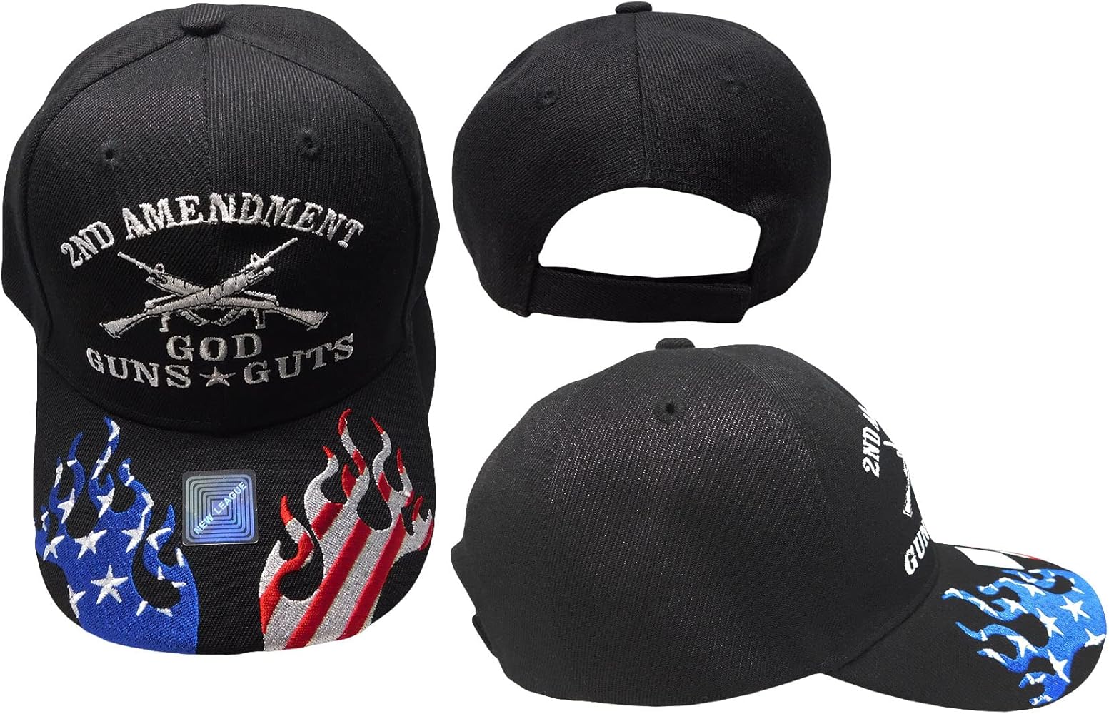 2nd Amendment God Guns Guts USA Flames On Bill Black Polyester Cotton Blend Adjustable Baseball Ball Cap Hat