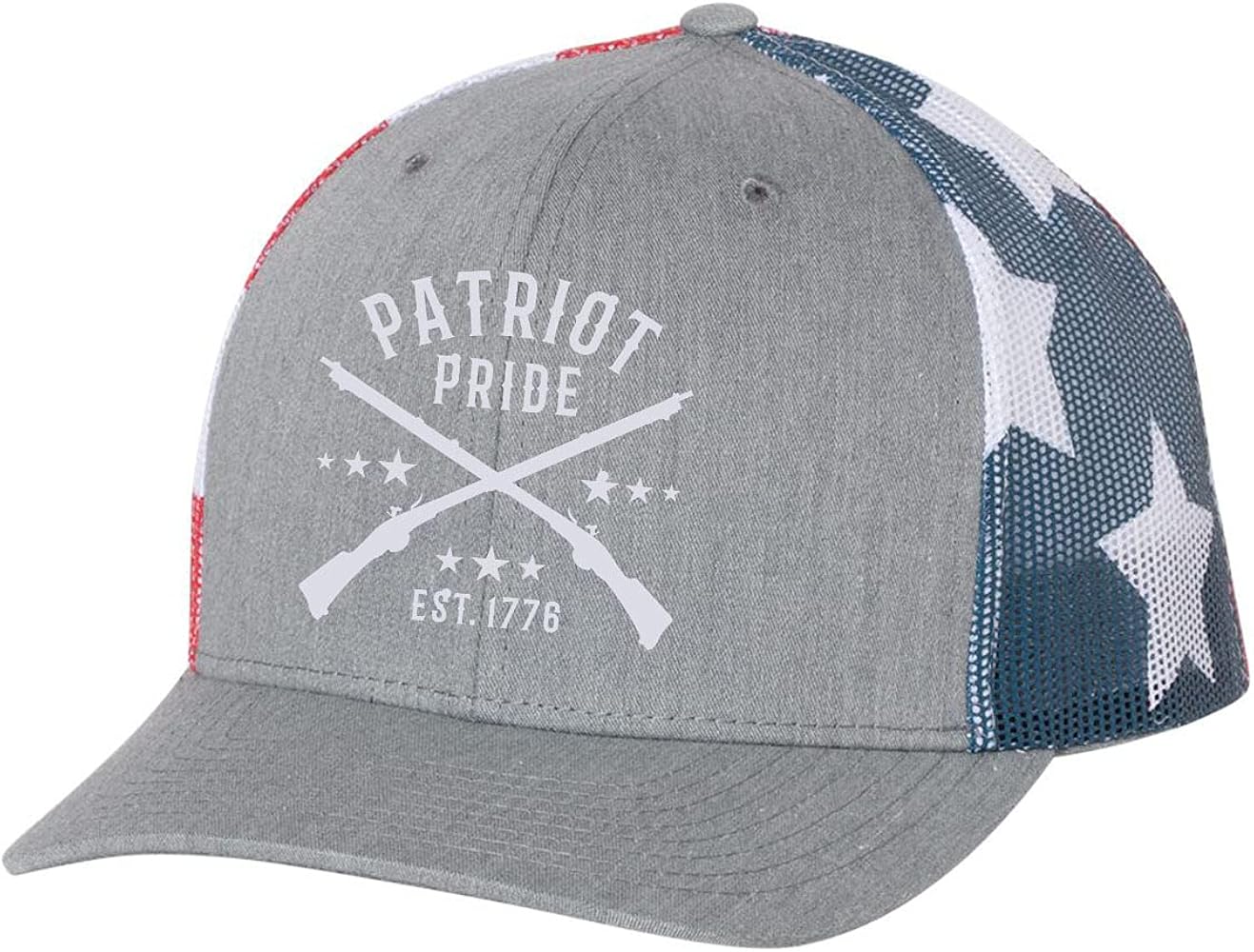 Men's Patriot Pride 1776 USA Embroidered Mesh Back Trucker Hat, Heather Grey/American Flag Mesh