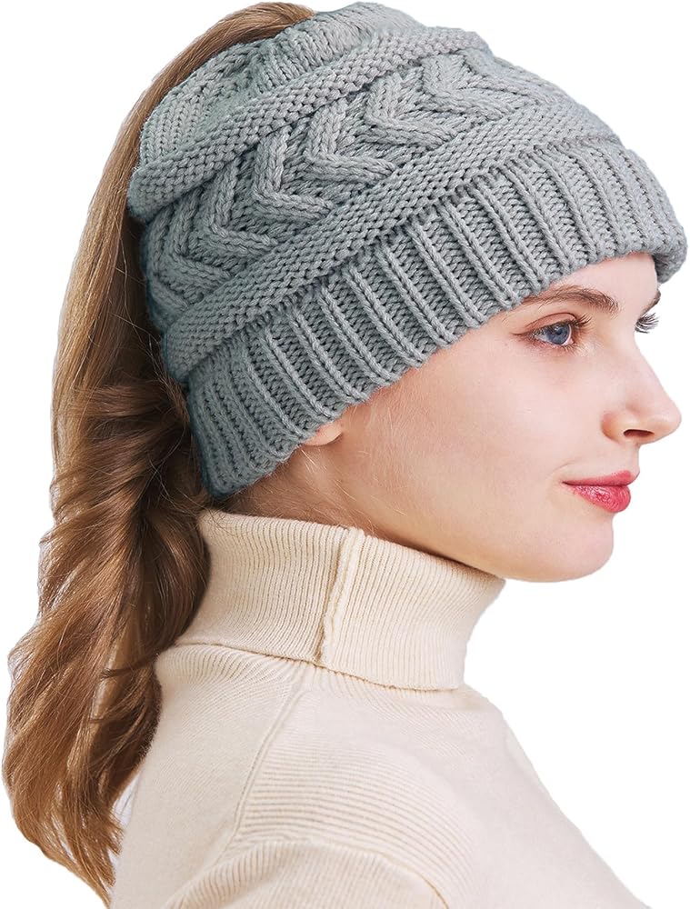 PFFY Ponytail Warm Winter Knit Beanie Hat Skull Cap Beanies for Women Men