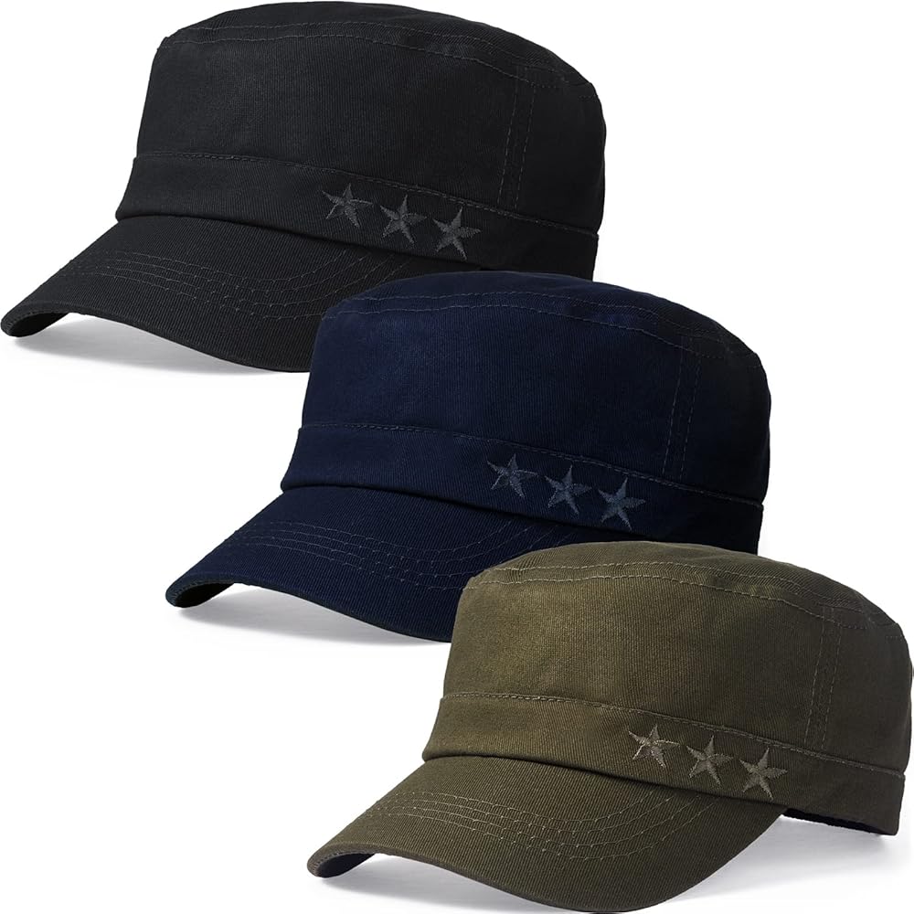 3 Pack Men's Cotton Military Caps Cadet Army Caps Embroidered Star Military Hats for Men Solid Patrol Cap Flat Top Hats