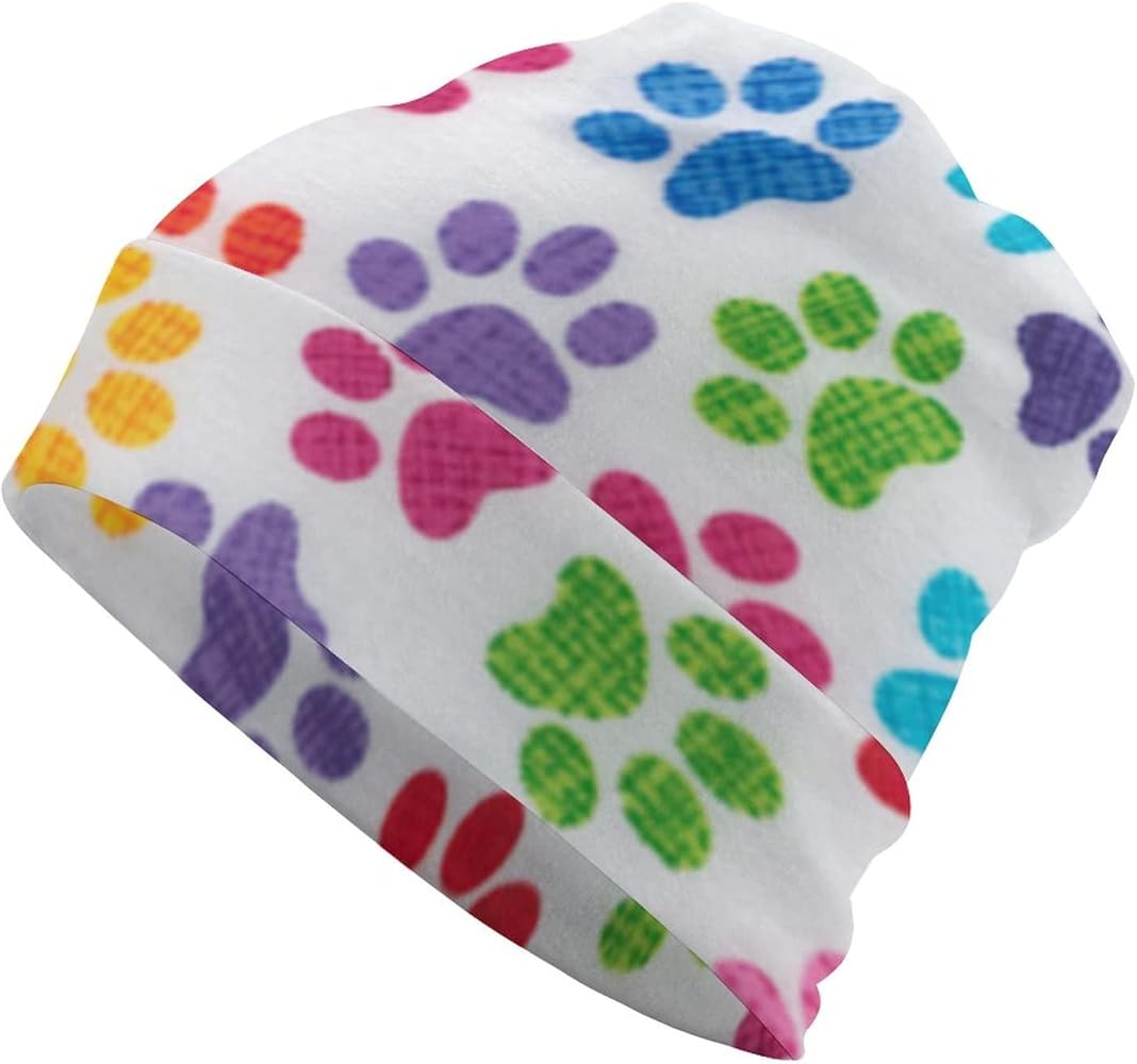 Multi Colored Rainbow Dog Paw Print Fabric on White Craft Fabric Soft Warm Skull Cap Lightweight Beanies Hat For Men Women Slouchy Cycling Work Sleep