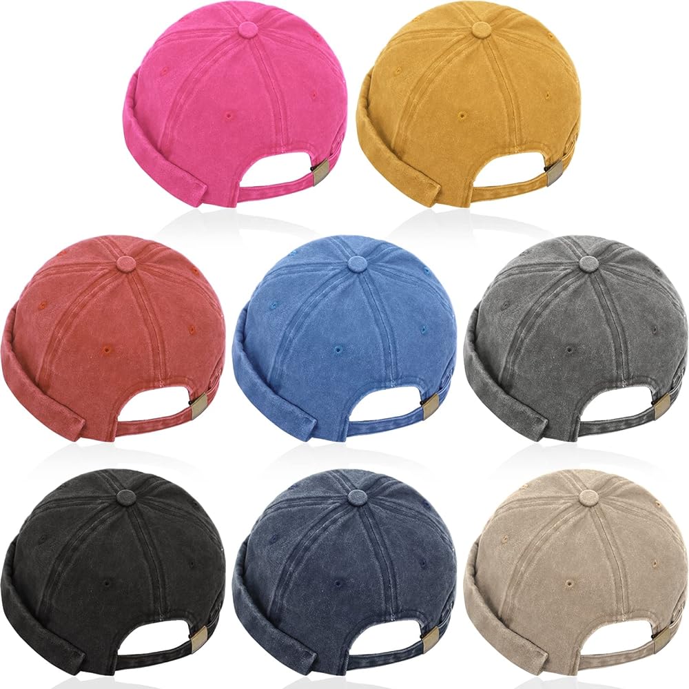 Janmercy 8 Pcs Brimless Hats for Men Adjustable Skullcap Docker Hat Buckle Beanie Cap Wash Cotton No Brim Hats for Men Women