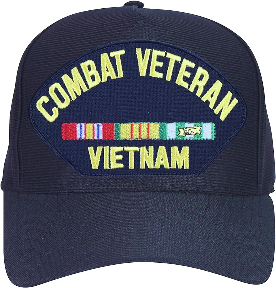 Combat Veteran Vietnam with Ribbons Baseball Cap. Navy Blue. Made in USA