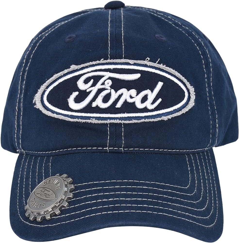 Ford Washed Cotton Adjustable Baseball Hat with Curved Brim and Bottle Opener, Navy Blue, One Size