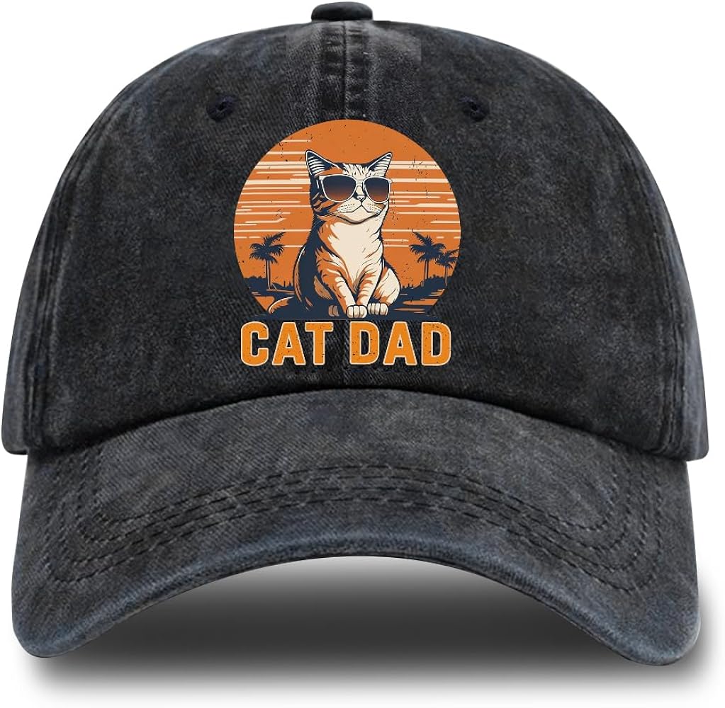 Cat Dad Adjustable Washed Cotton Baseball Cap, Funny Cat Retro Trucker Hat Gift for Men Grandpa Dad Cat Lover