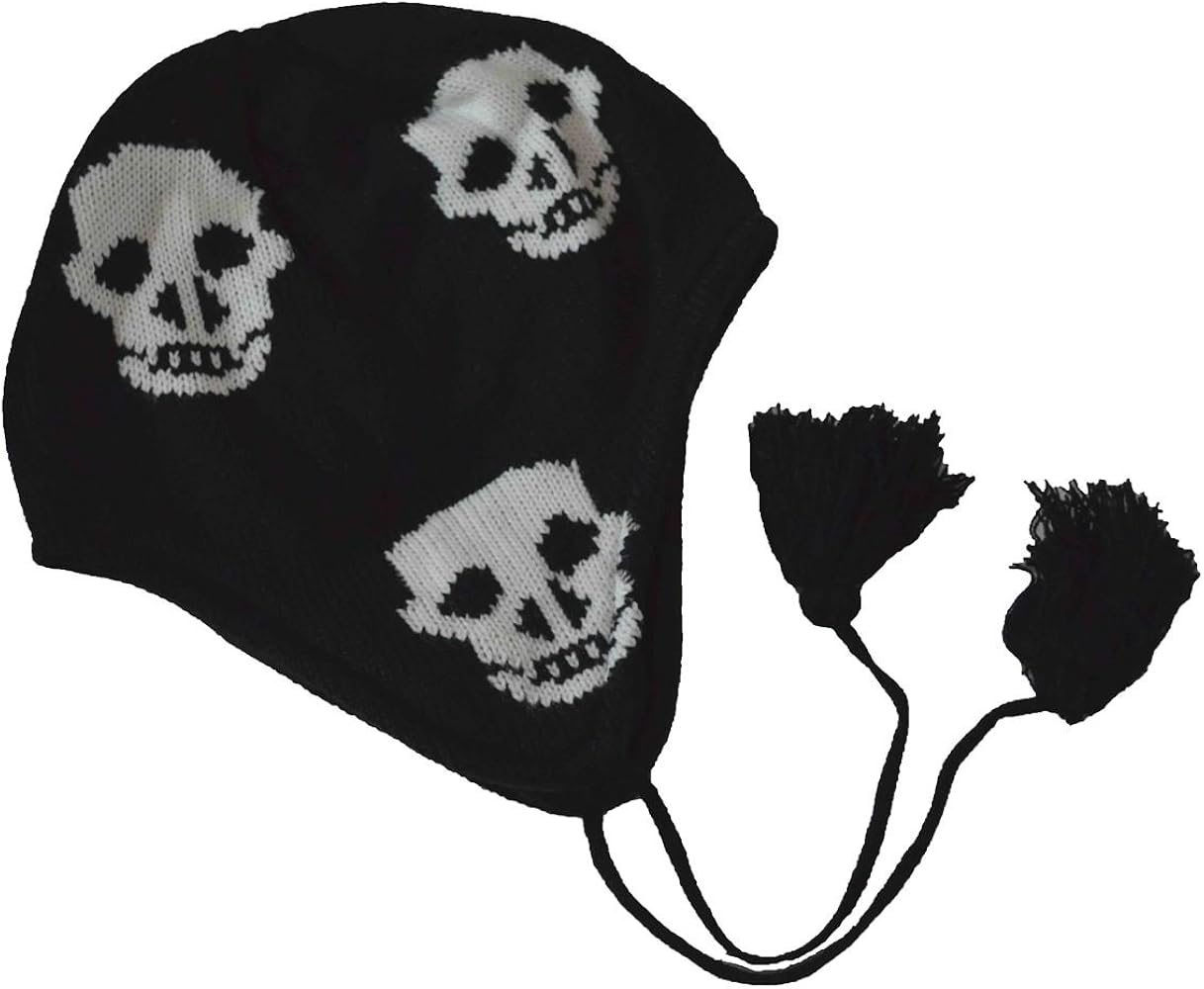 MG Black Skull Peruvian Beanie Black White Strings Beanie