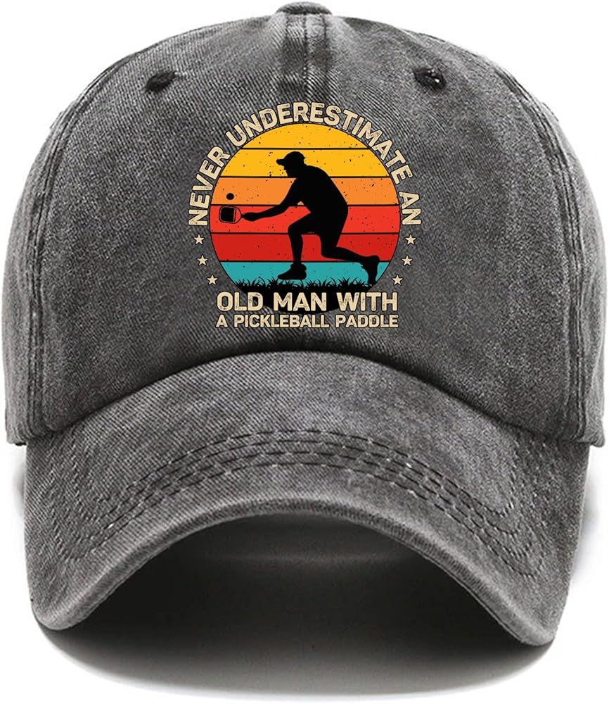 Never Underestimate an Old Man Fun Distressed Washed Black Baseball Cap, Vintage Adjustable Cotton Cap, Funny Retirement Gift for Man Woman, Birthday Gifts for Dad Grandpa Pickleball Lover