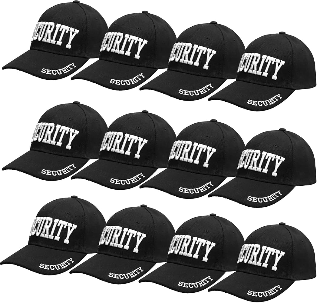 Wholesale 12-Pack Security Hat Baseball Cap - Gold or White Embroidery Security Front, Bill & Back - Adjustable Size