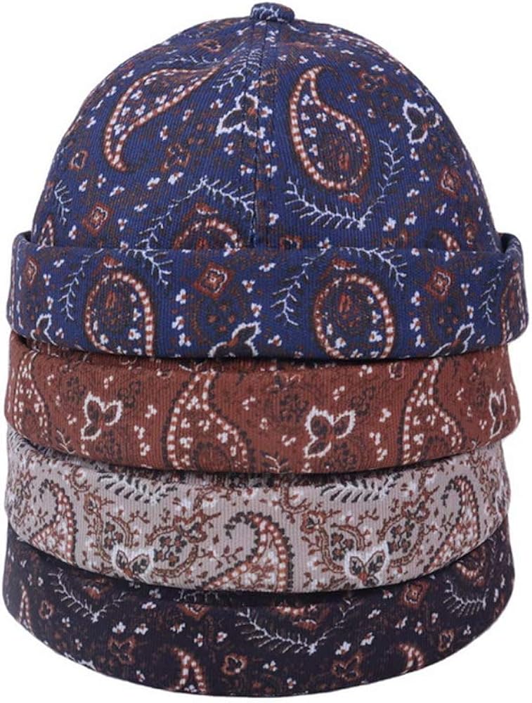 Mens Printed Docker Cap Hats Beanie Sailor Cap Hat Rolled Cuff Retro Brimless Hat