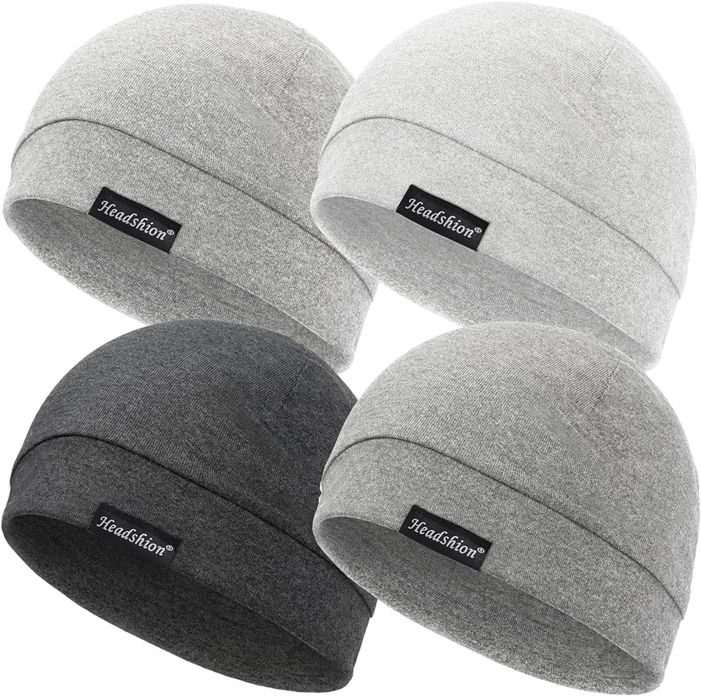 Headshion Cotton Skull Caps for Men Women, 4-Pack Modal Beanie Hat for Running Cycling Sleep Cap Chemo Headwear Helmet Liner