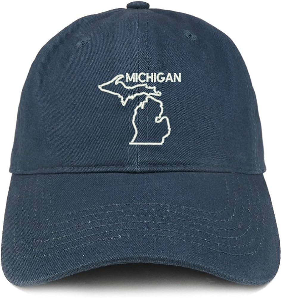 Trendy Apparel Shop Michigan Text State Outline State Embroidered Cotton Dad Hat