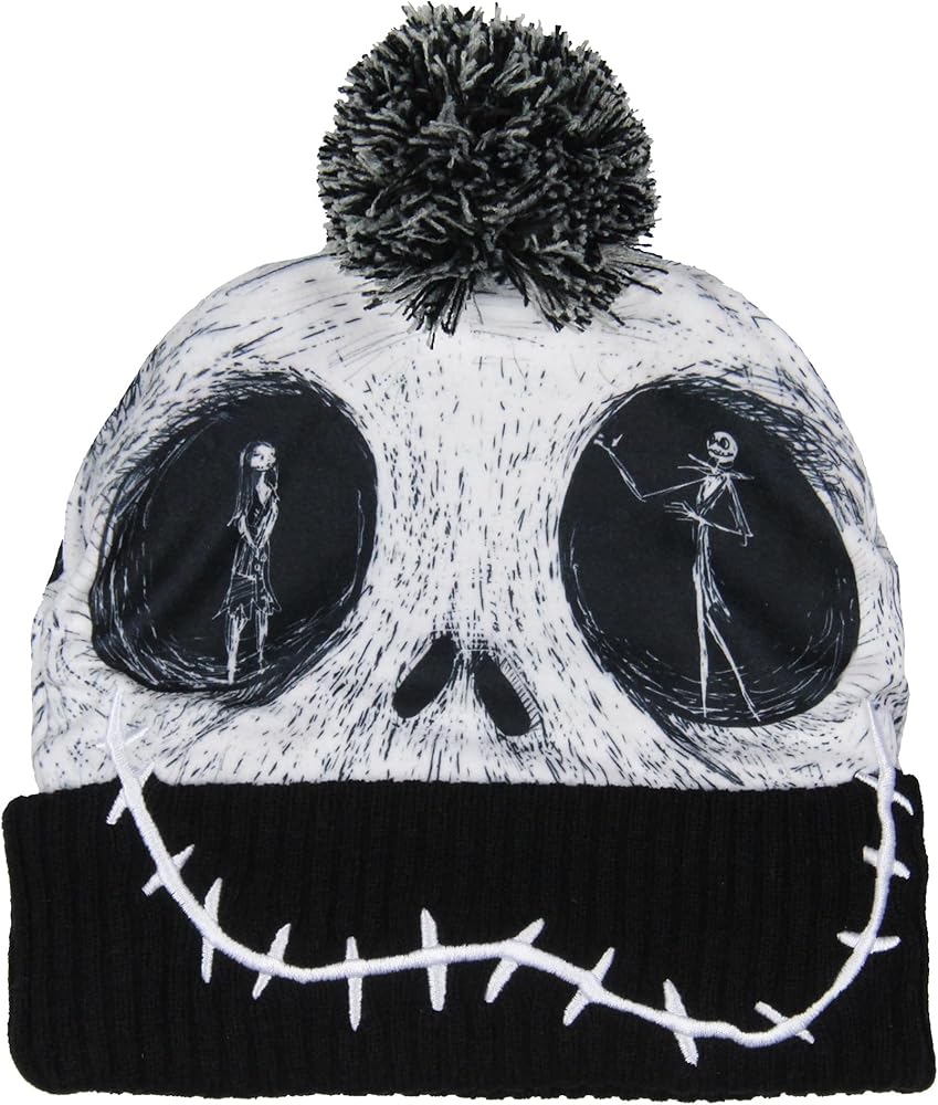 Bioworld Disney Nightmare Before Christmas Beanie Jack Skellington Sublimated Face Pom Knit Beanie Hat Cap