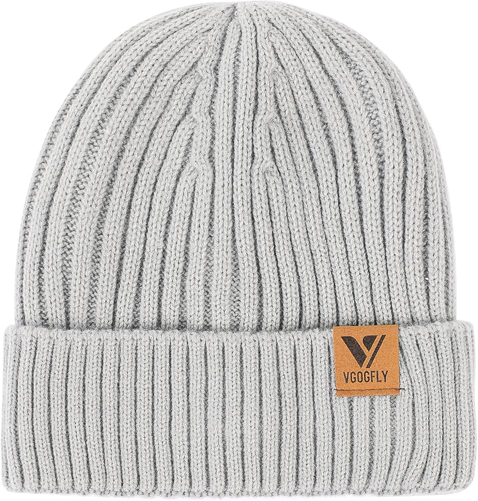 Vgogfly Lined Men Beanie Slouchy Knit Skull Cap Warm Stocking Hats Guys Women Striped Winter Beanie Hat Light Grey