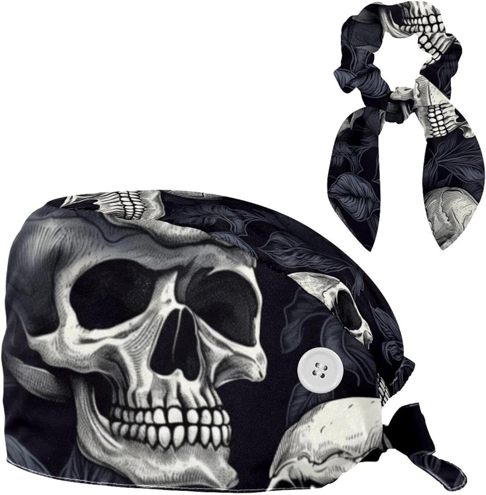 Scrub Hat Skeleton Skull Leaves Adjustable Working Cap with Button Bow Hair Scrunchies for Women