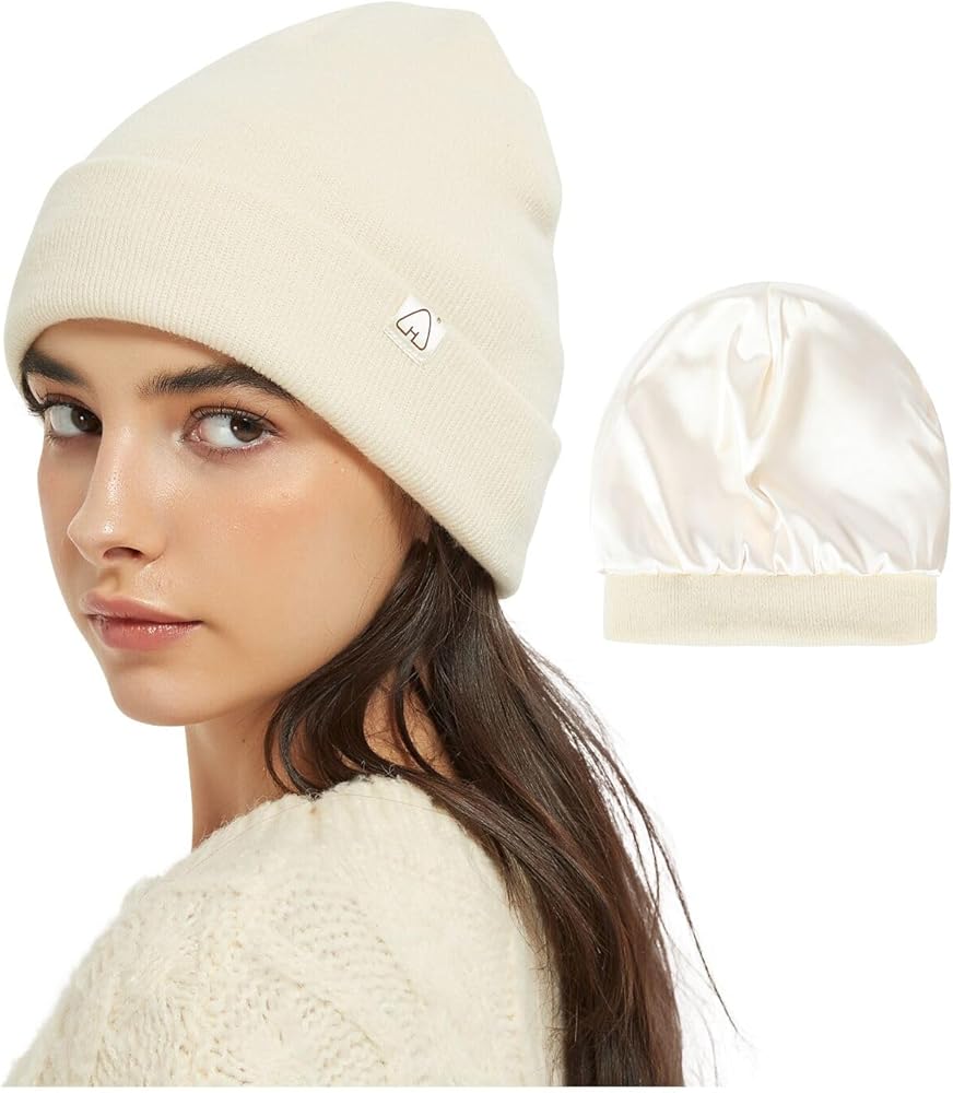 Hat Hut Satin Lined Beanie for Women Men Winter Hats for Women Silk Lining Slouchy Beanie Ski Hat Warm Unisex Cuffed Beanie