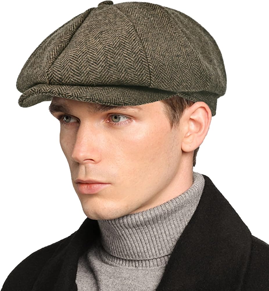 Mens Newsboy Cap High Woolen Tweed Gatsby Hat Ivy Cabbie Flat Golf Cap for Fathers Women Unisex