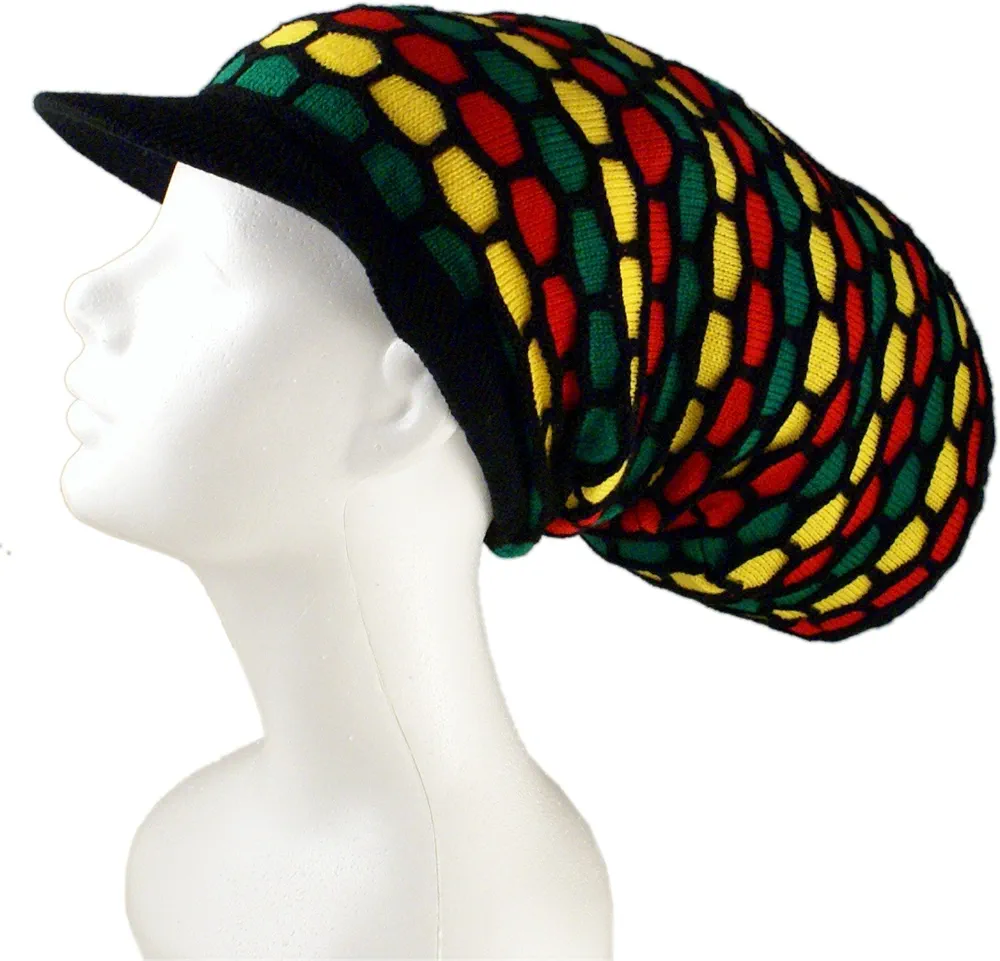 Rasta Dread Knit Tam Hat -"Dreadlocks Cap" (Long Black/Red/Yellow/Green Rectangles, with Brim)