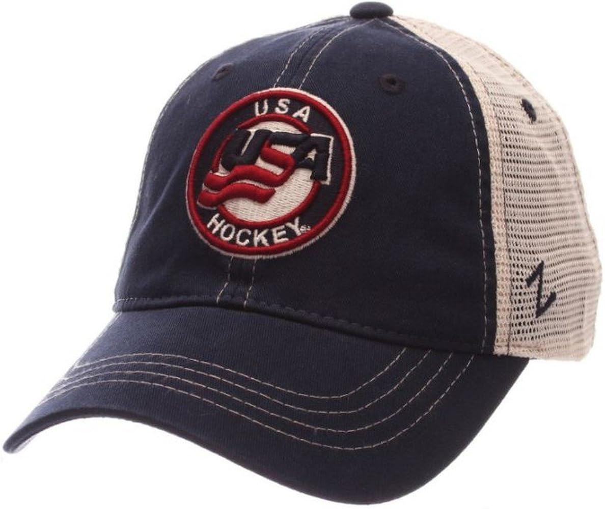 Zephyr Hats USA Hockey Hat Cap NCAA Baseball Cap Adjustable Mesh Back Navy/Red