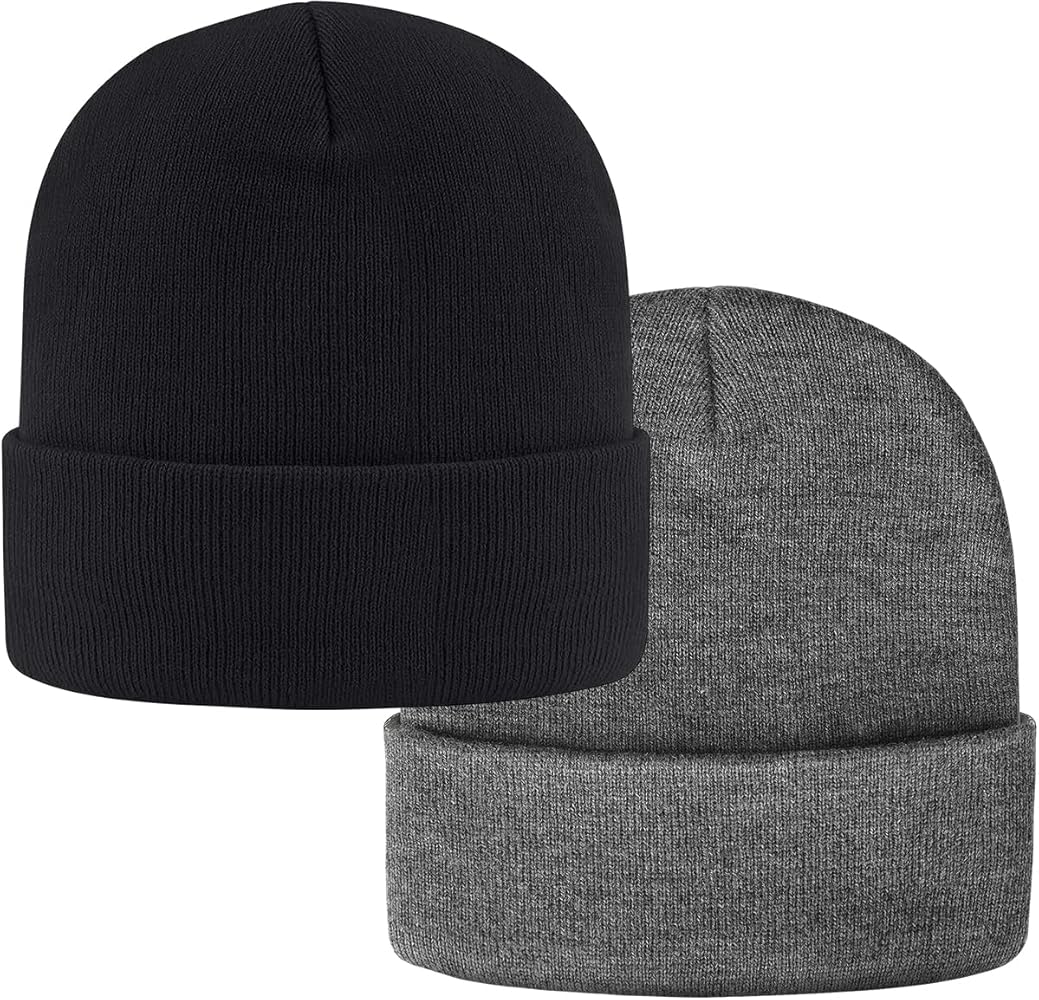 IYEBRAO 2-Pack Men's Daily Beanie Hat Cuffed Plain Skull Knit Cap Warm Soft Snug Beanie for Men & Women