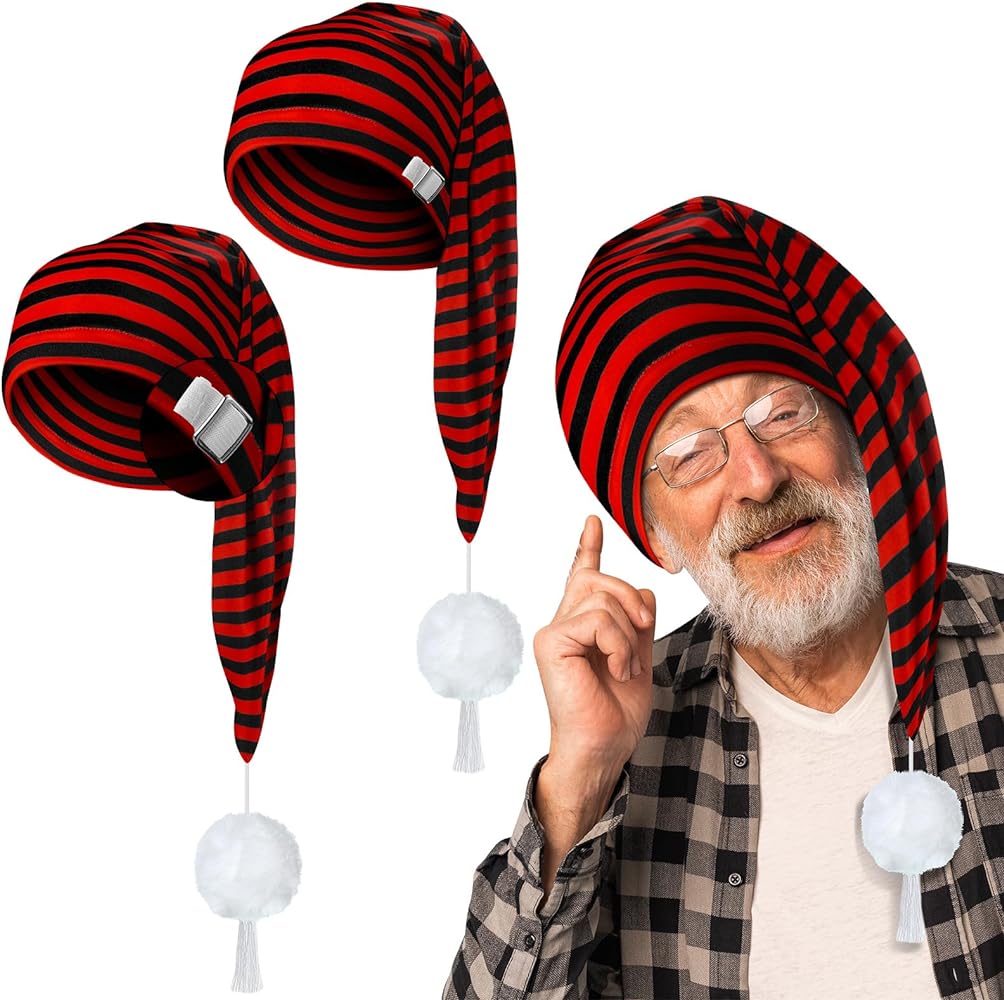 Eurzom 2 Pcs Men's Night Cap Striped Pajama Hat Adjustable Sleeping Caps with Pom Ball for Party Supplies