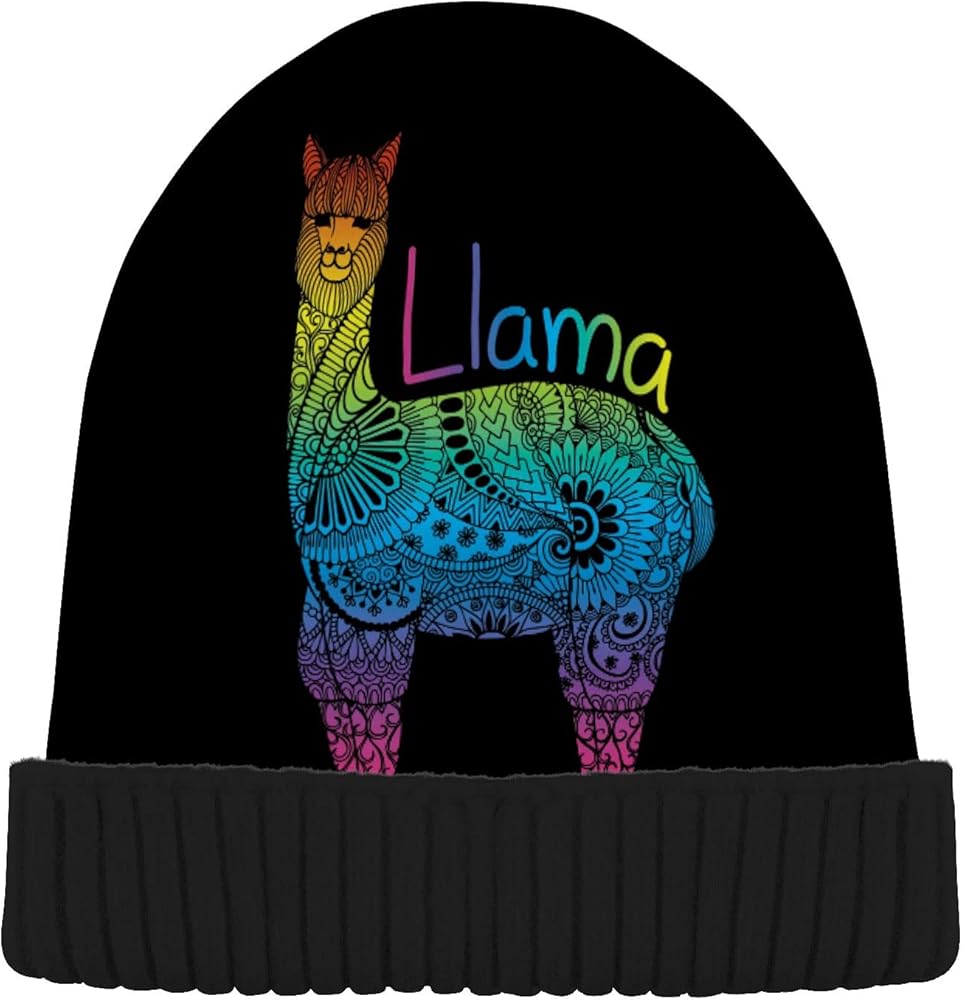 ALAZA Rainbow Color Llama No Drama Boho Beanie for Women Men Winter Hat Reversible Skull Cuffed Knit Cap