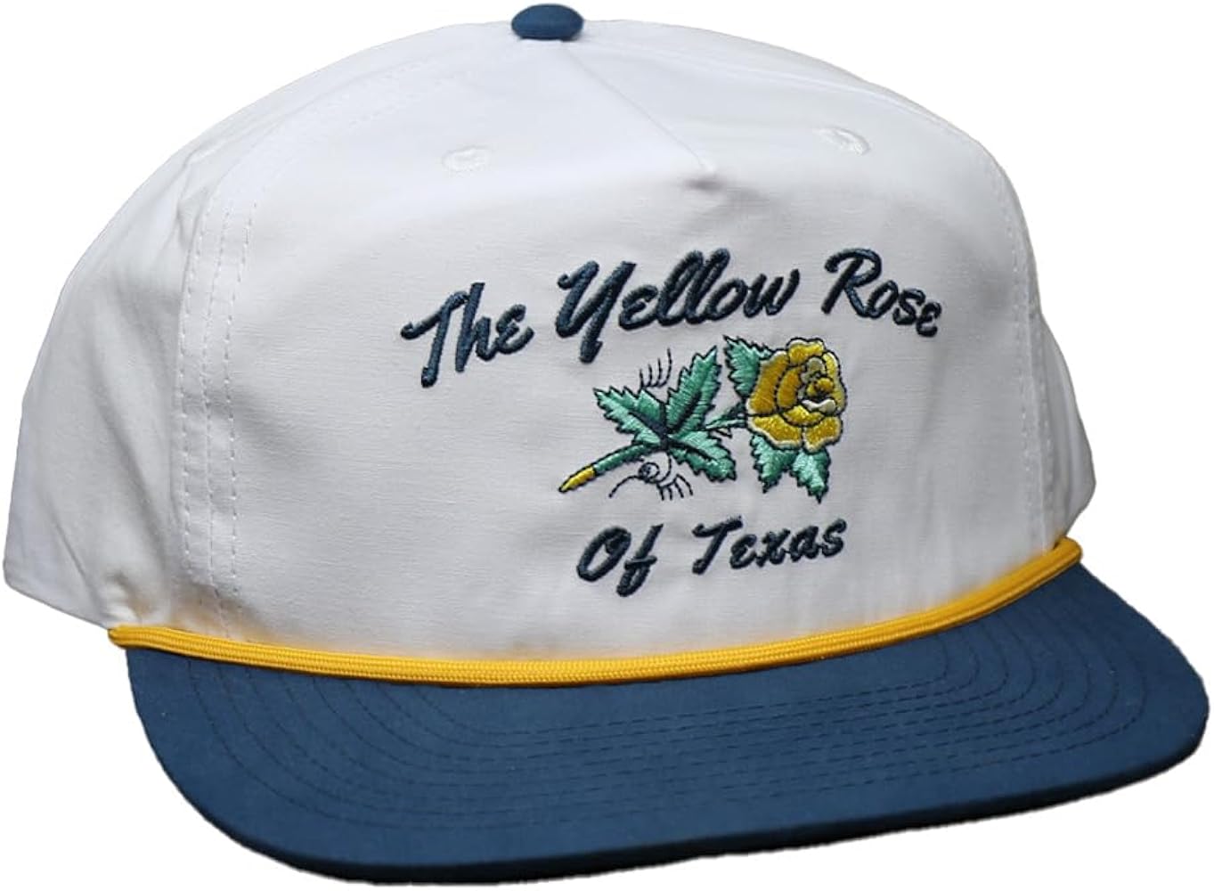 WHISKEY BENT HAT CO. Yellow Rose Adjustable Snapback Hat UPF 50+, Water Resistant (White/Navy)