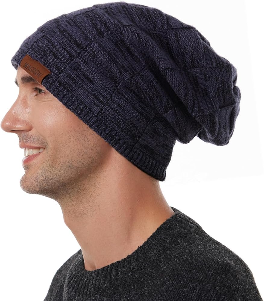 Beanie Hats for Men Women Satin Lined Oversized Slouchy Unisex Merino Wool Winter Hat Knit Long Warm Cap