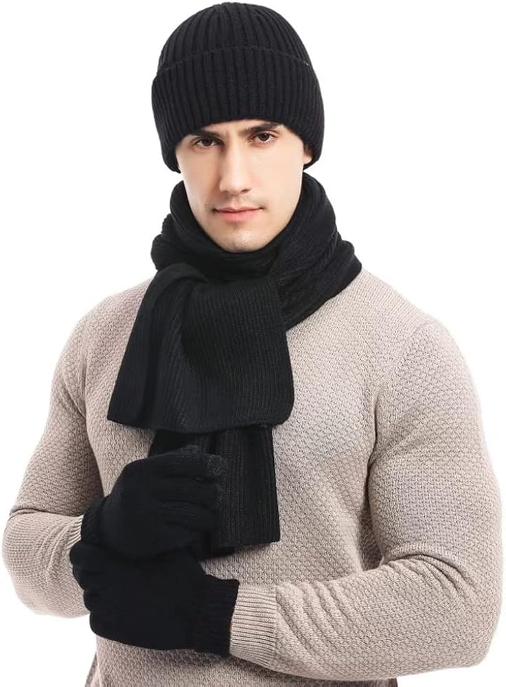 Mens Beanie Scarf Gloves Set Knit Winter Fleece Lining Thick Hat