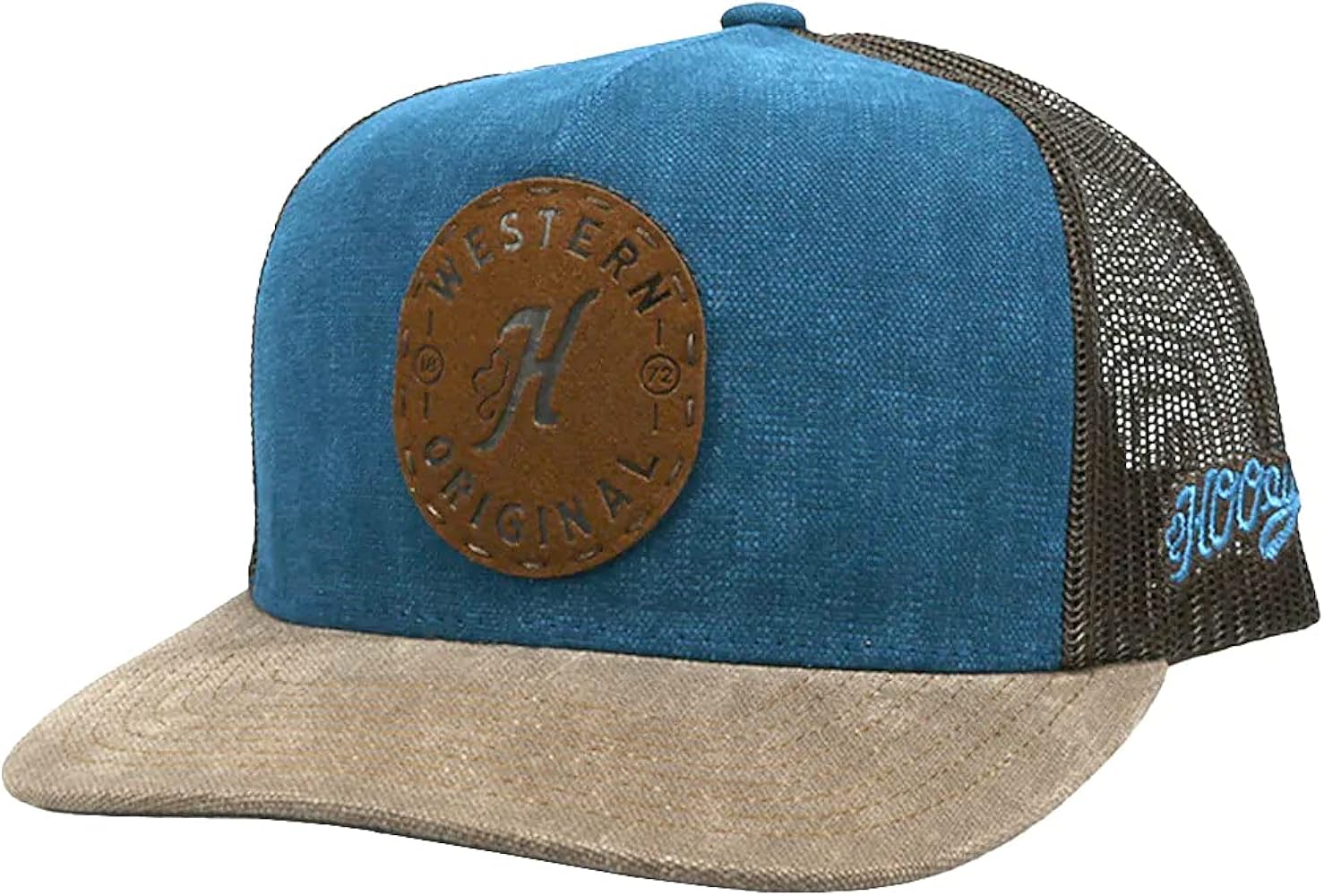 HOOEY Spur Western Original Leather Patch Adjustable Snapback Trucker Mesh Back Hat (Blue/Brown)