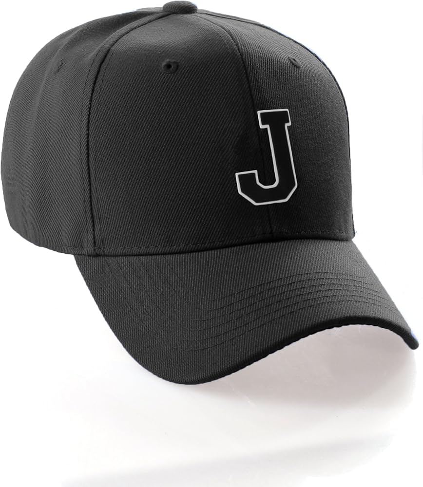 Classic Baseball Hat Custom A to Z Initial Team Letter, Black Cap White Black